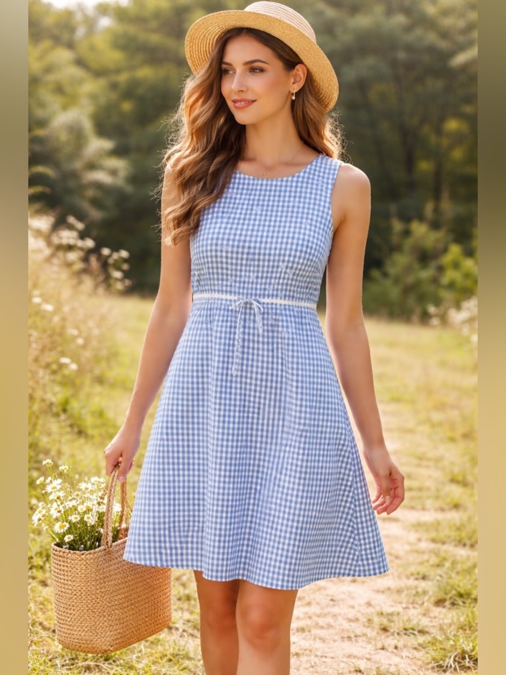 VTG 90s Talbots Petites Blue Gingham Embroidered Linen Dress Cottagecore 4P